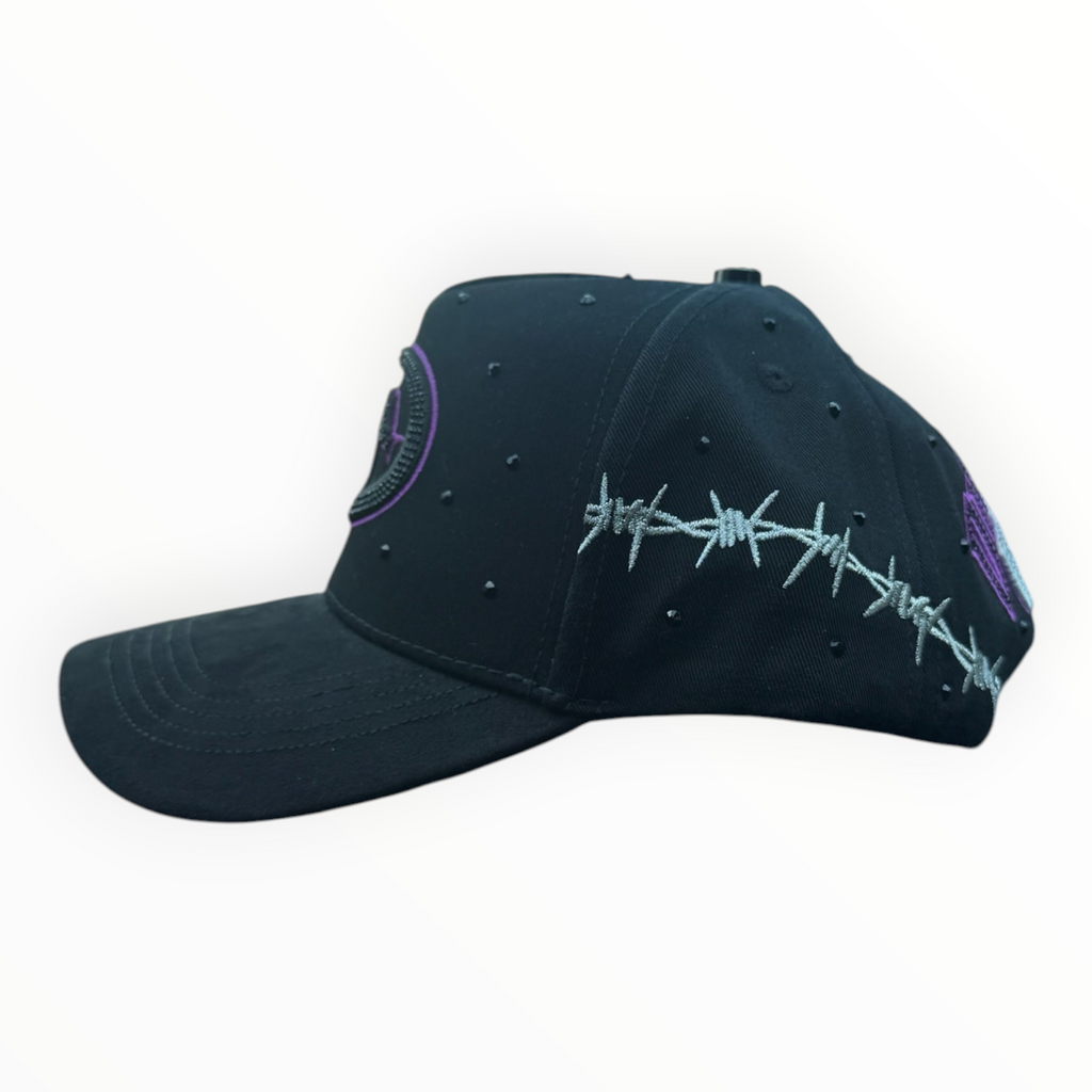 Hype Block black baseball cap with silver barbed wire embroidery, purple snake logo, and stud details on the side