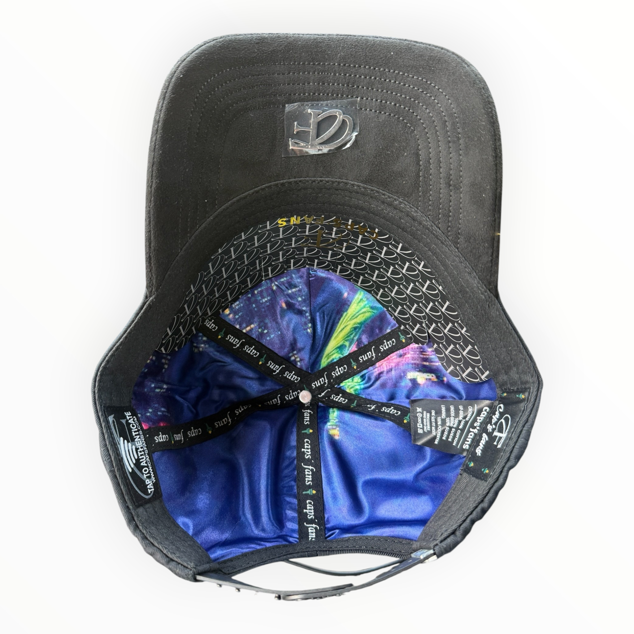 Interior view of a Hype Block black baseball cap featuring a vibrant blue and purple custom-printed satin lining.