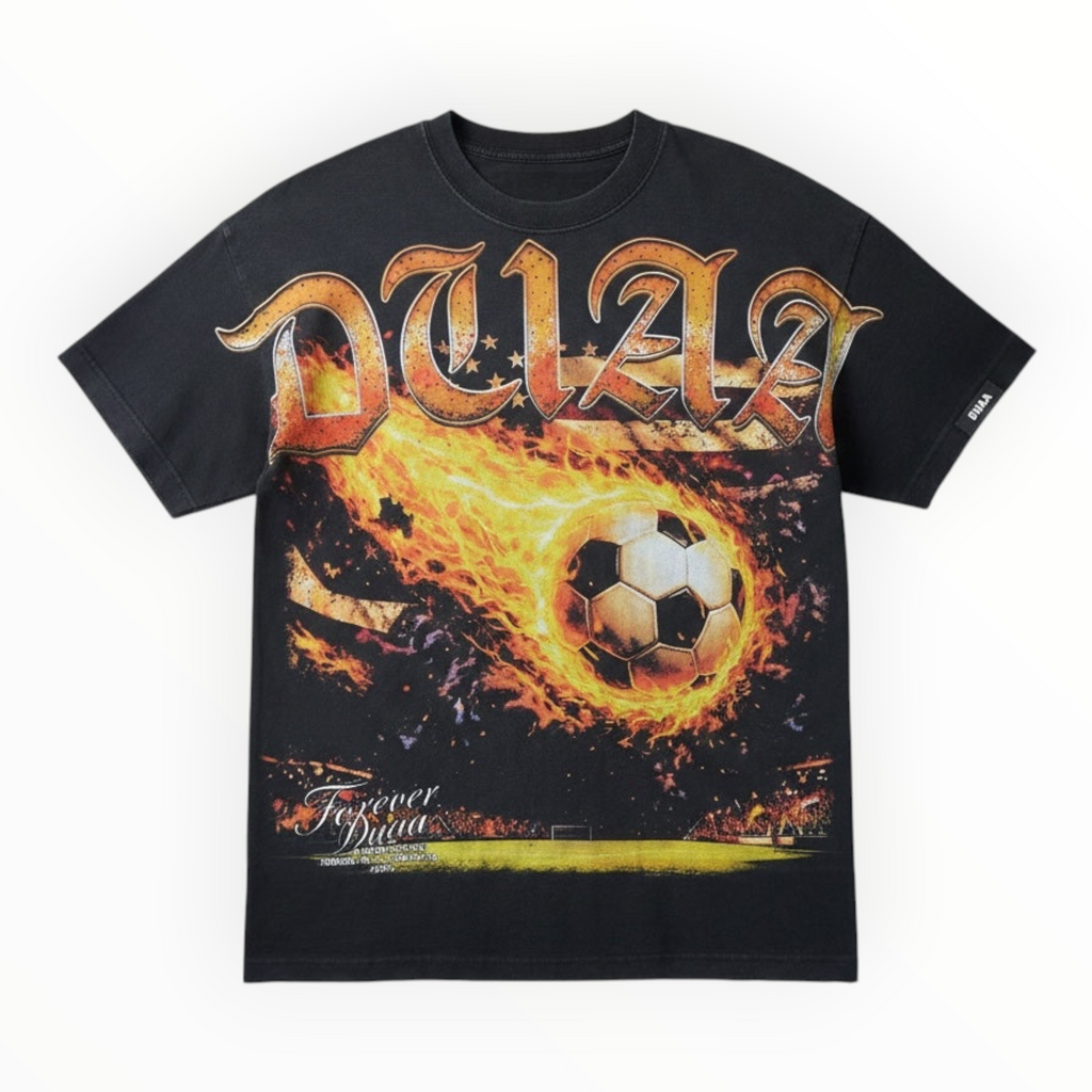 Hype Block black heavyweight cotton t-shirt featuring a flaming soccer ball graphic and gothic DUAA lettering.
