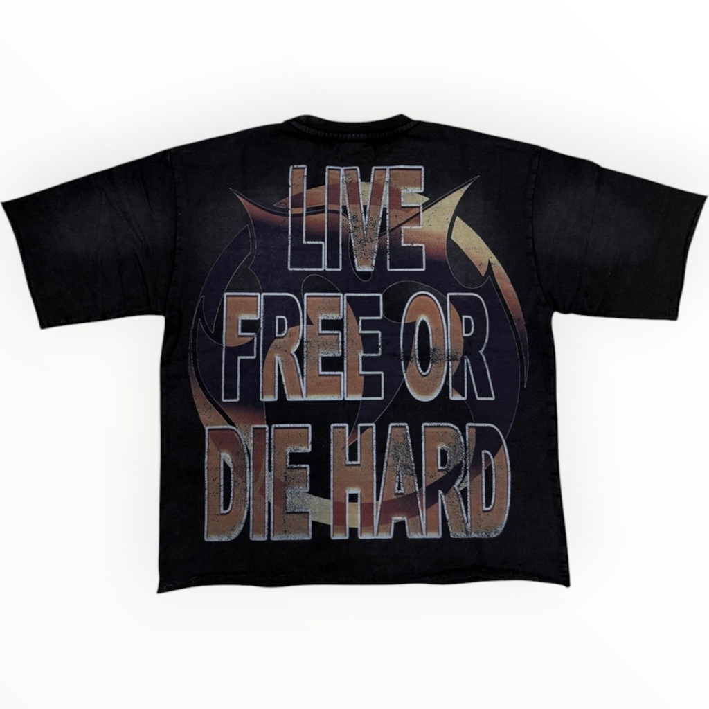 Back view of Hype Block black oversized cotton t-shirt with Live Free Or Die Hard graphic print and raw-edge hem.