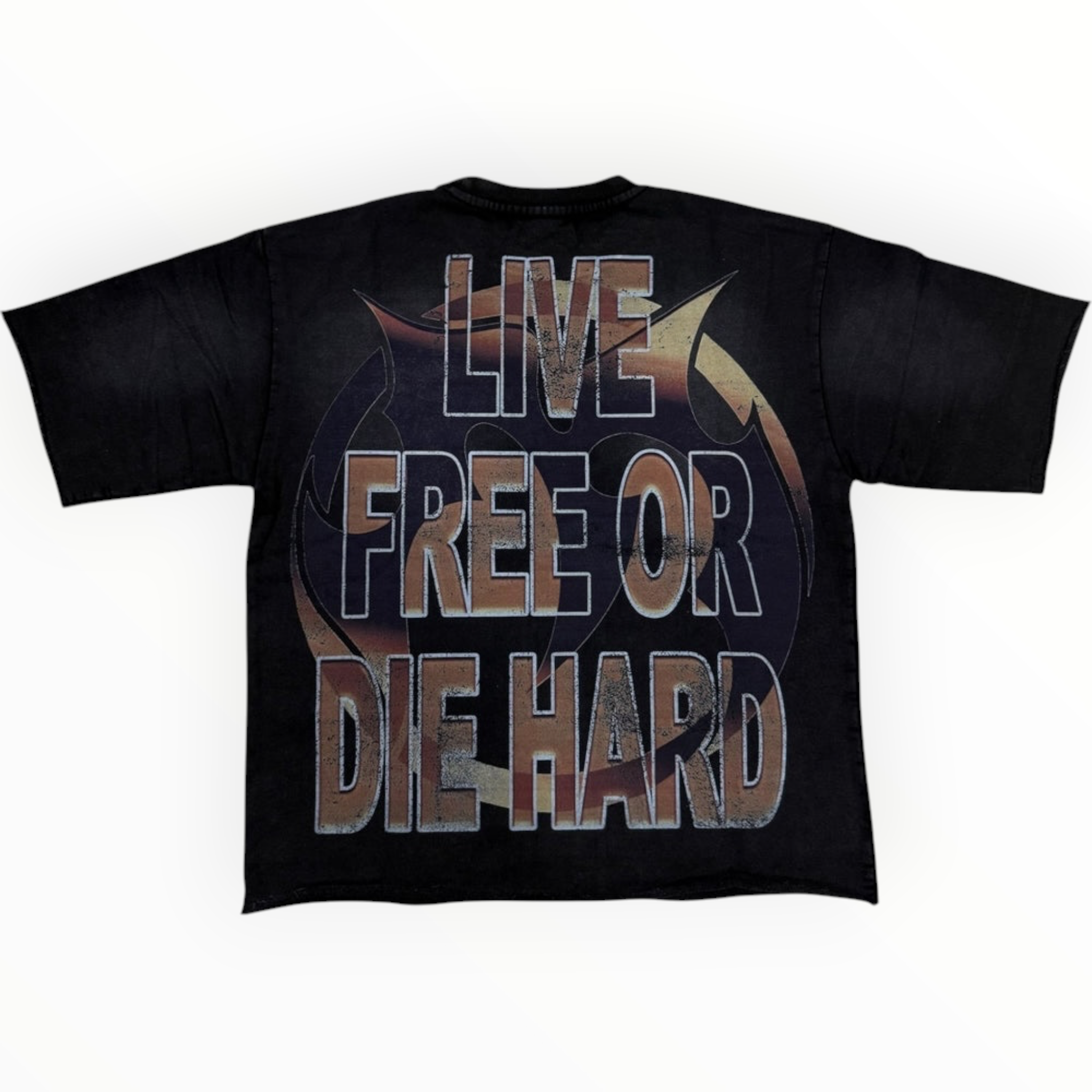 Back view of Hype Block black oversized cotton t-shirt with Live Free Or Die Hard graphic print and raw-edge hem.