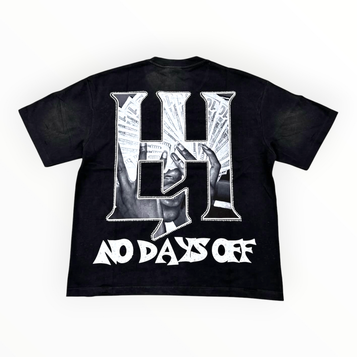Hype Block black heavyweight cotton t-shirt featuring a large back graphic of hands holding money and No Days Off text.