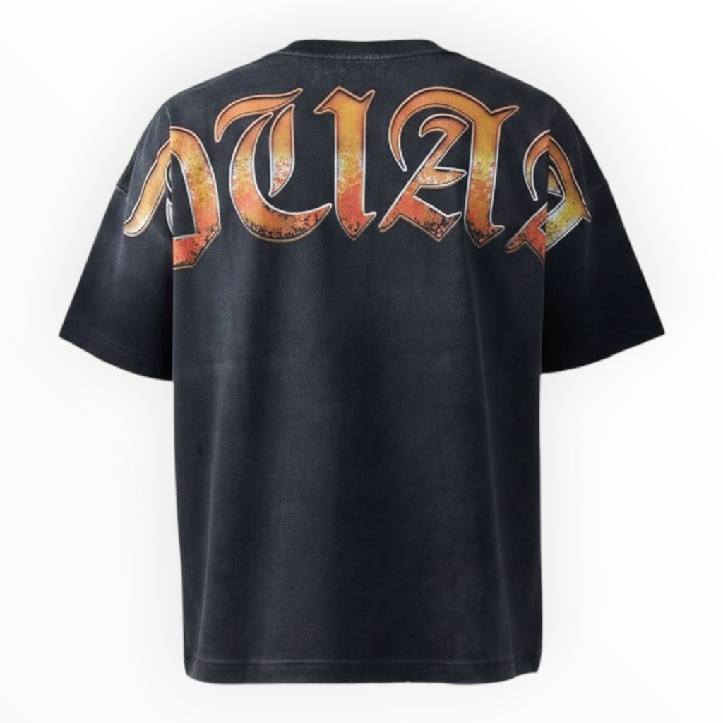 Hype Block black cotton t-shirt featuring oversized gothic-style graphic print on the back