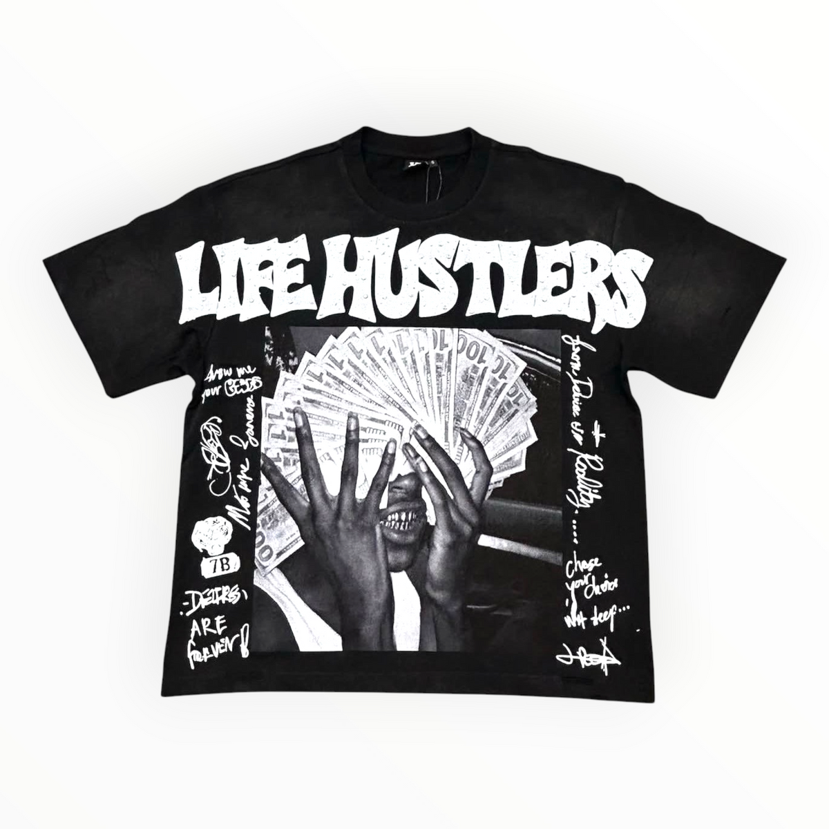 Hype Block black heavyweight cotton graphic t-shirt featuring Life Hustlers text and money fan print.