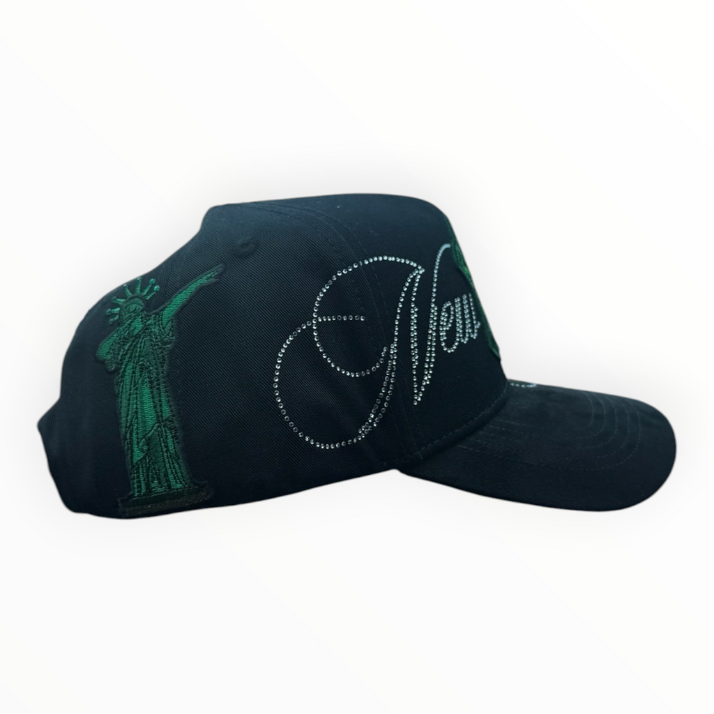 Hype Block black baseball cap with green Statue of Liberty embroidery and rhinestone New York script on the side