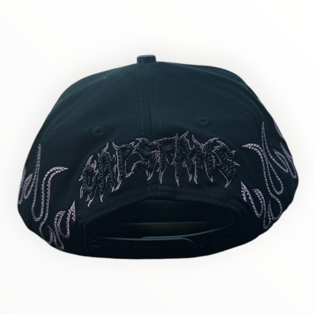 Hype Block black baseball cap with pink rhinestone flame embroidery and gothic lettering on the back panel