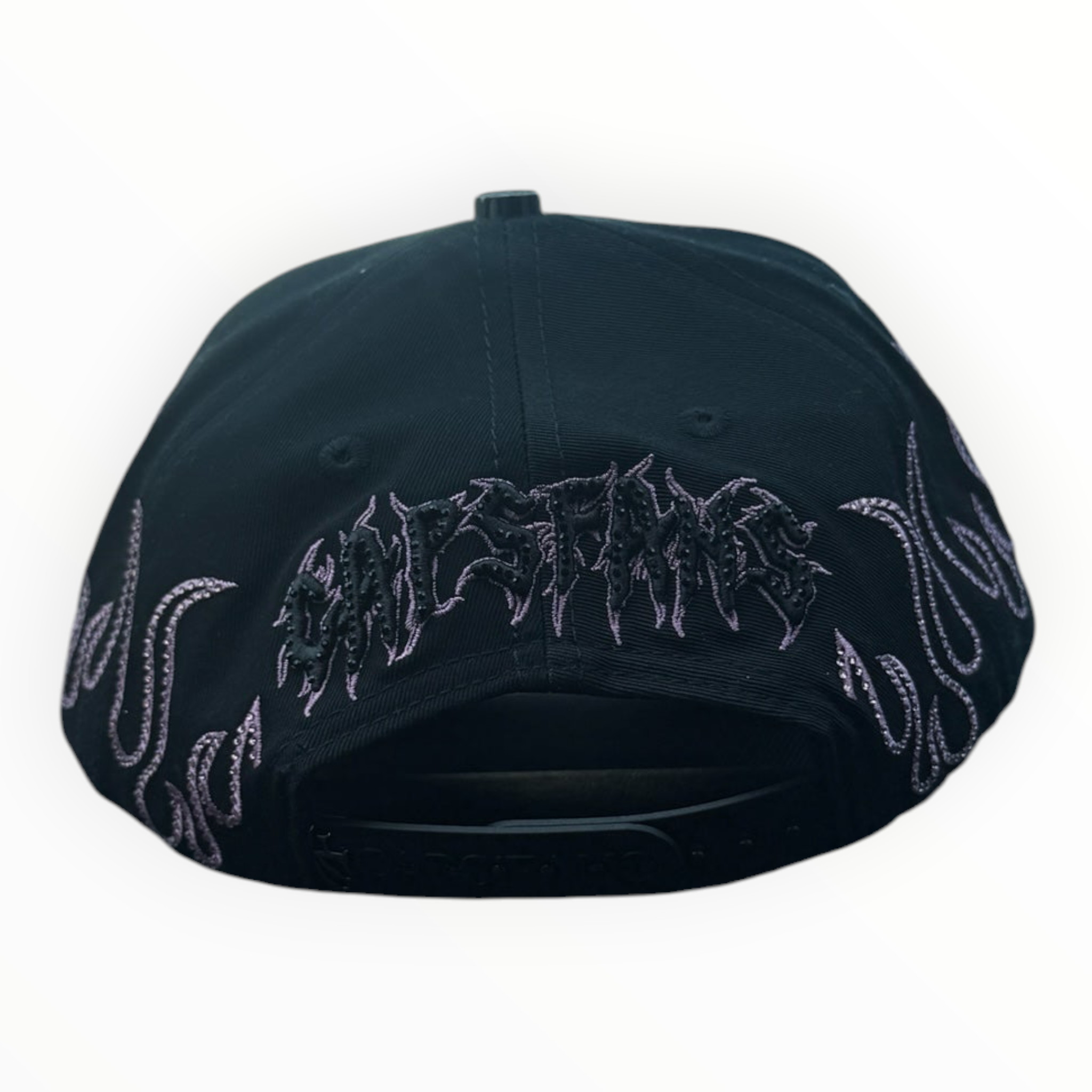 Hype Block black baseball cap with pink rhinestone flame embroidery and gothic lettering on the back panel