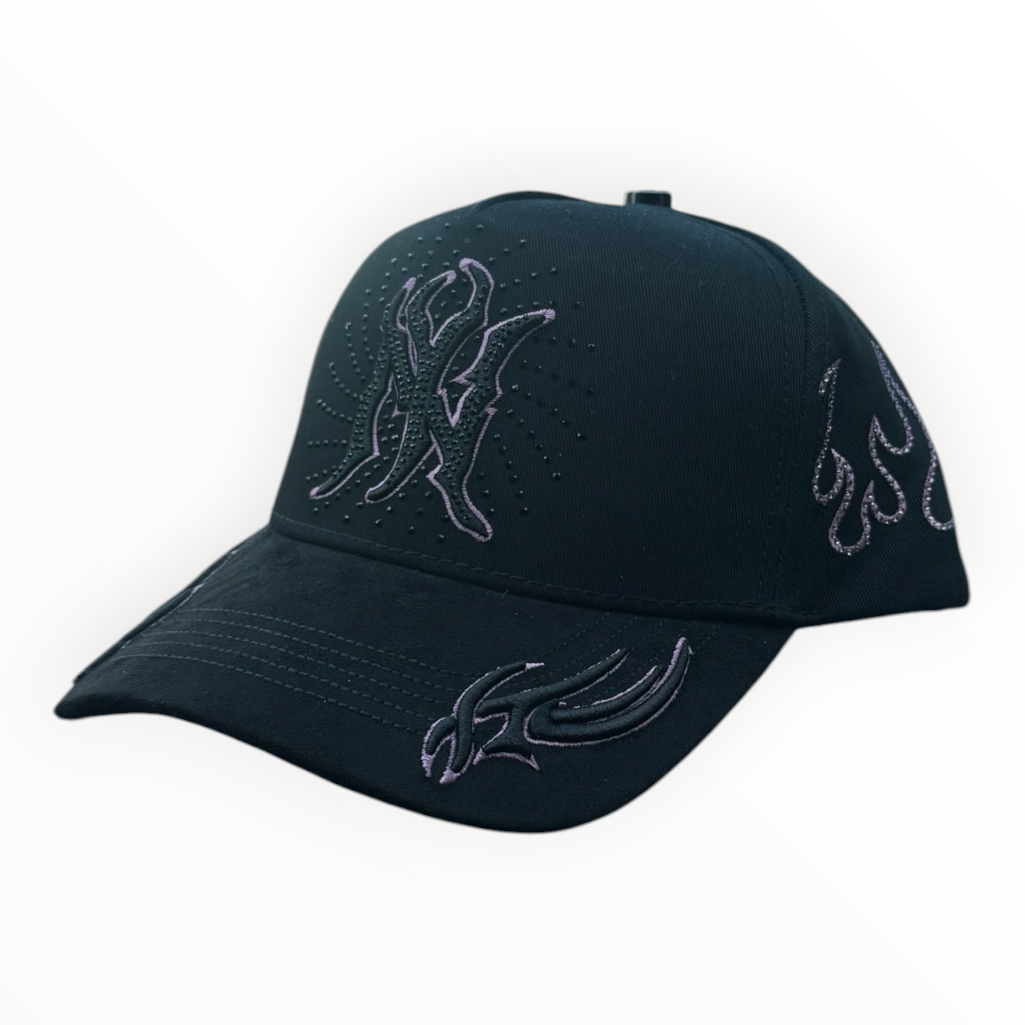 Hype Block black baseball cap with pink rhinestone flame and letter embroidery, displayed on a car dashboard.