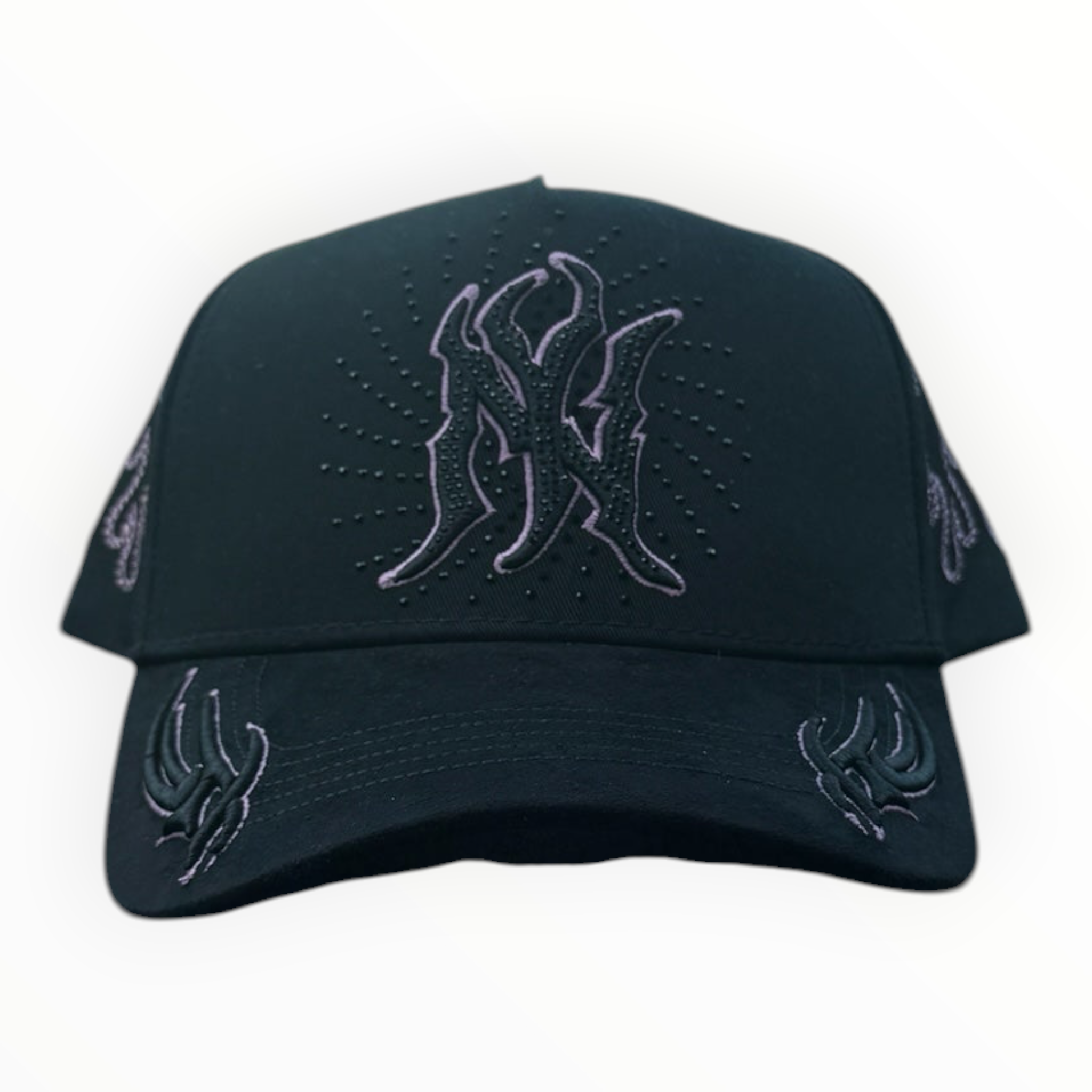 Hype Block black baseball cap featuring pink rhinestone flame embroidery on the crown and brim, sitting on a car dash.