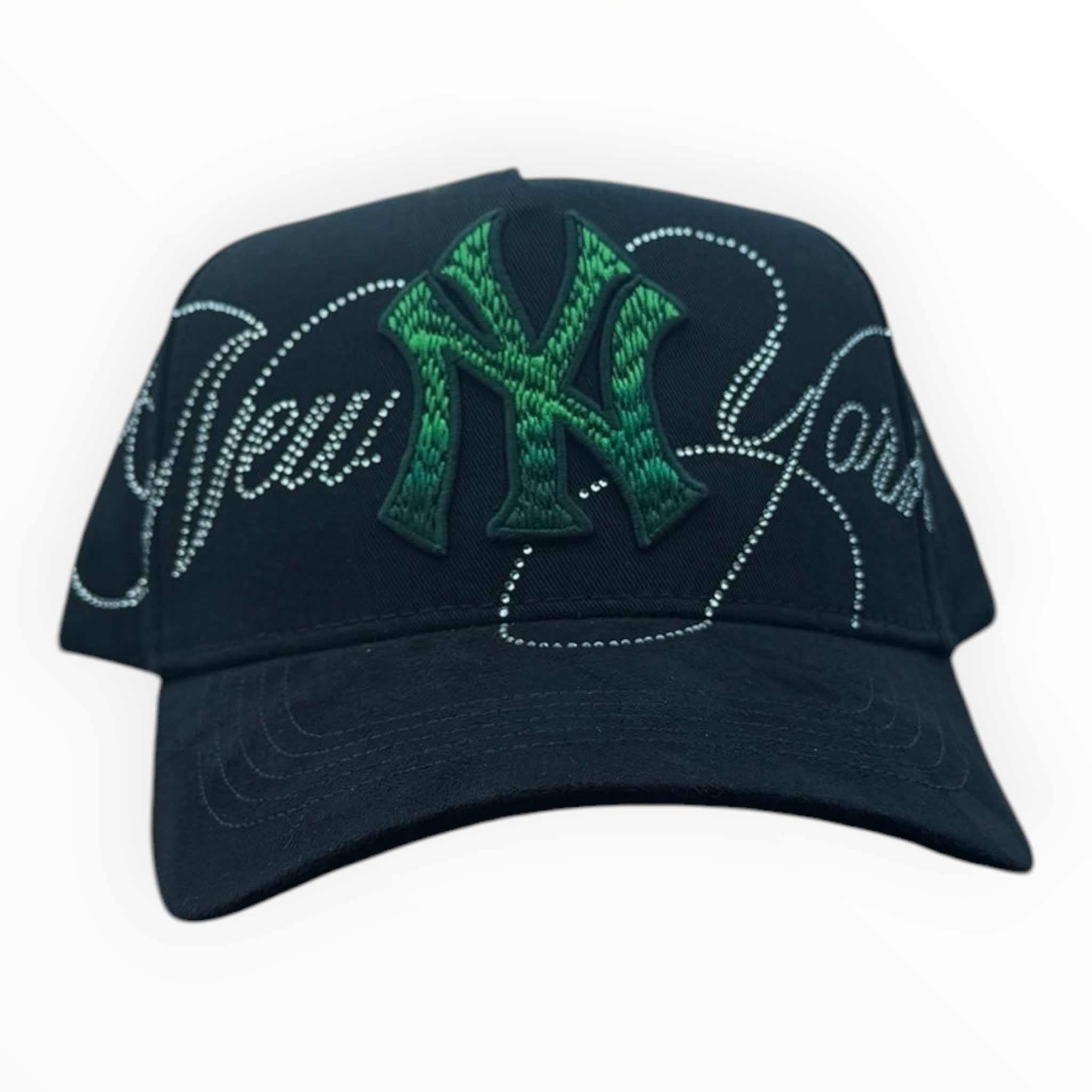 Hype Block black baseball cap with green embroidered NY logo and rhinestone New York script on a car dashboard