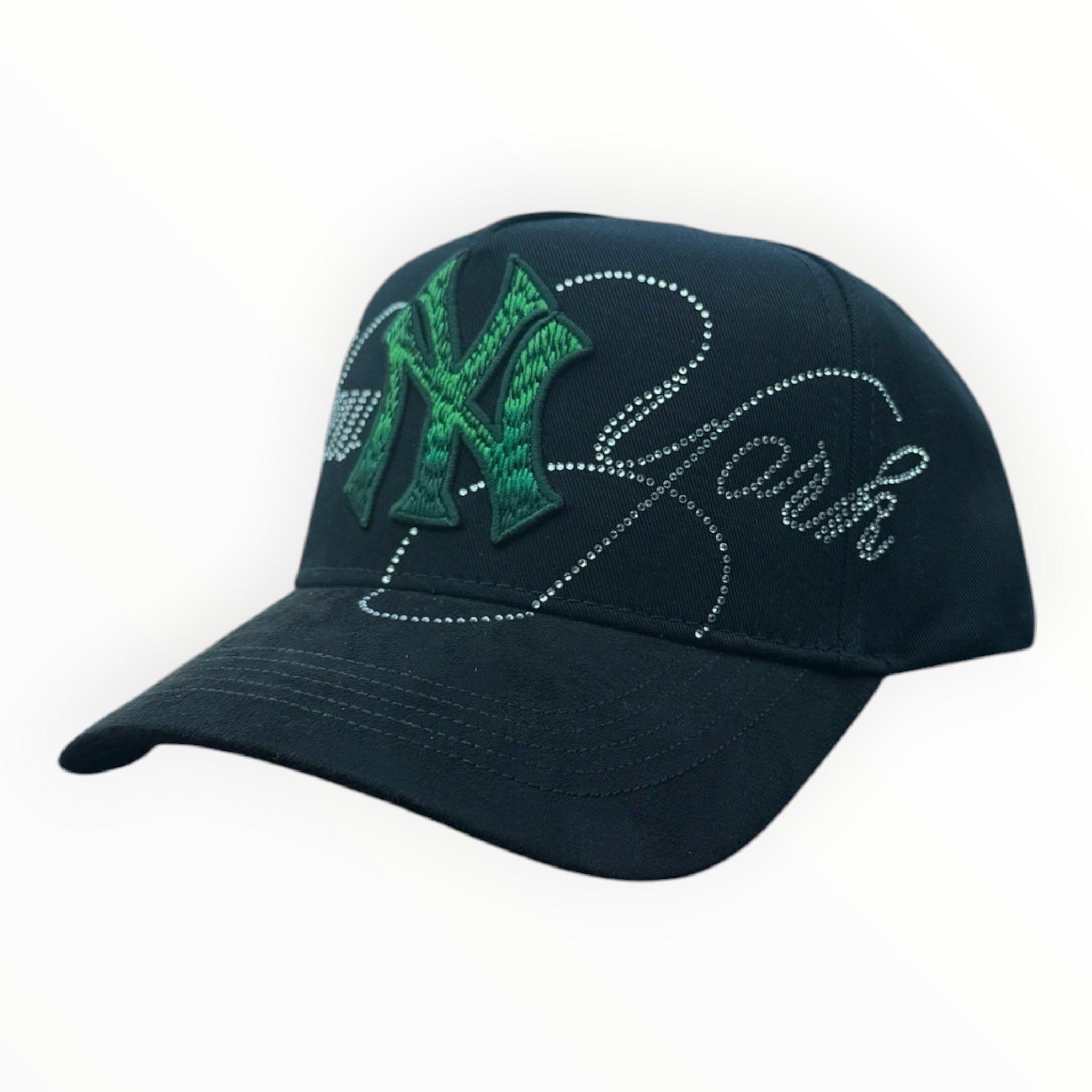 Hype Block black baseball cap with green embroidered NY logo and rhinestone New York script on a car dashboard