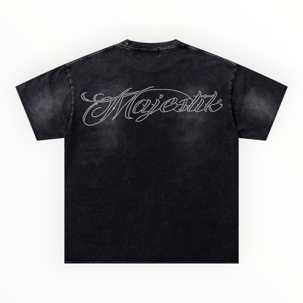 Hype Block vintage-wash black cotton t-shirt with back rhinestone-embellished Majestik logo script