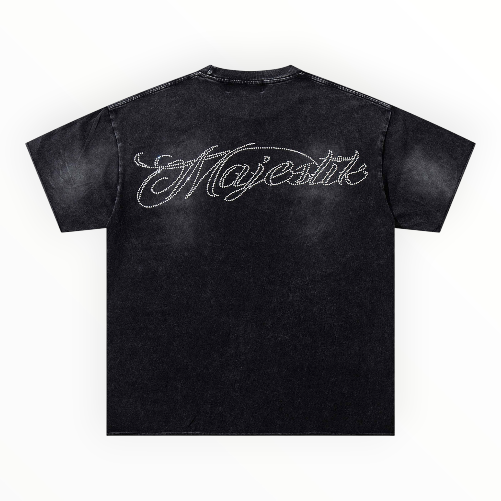 Hype Block vintage-wash black cotton t-shirt with back rhinestone-embellished Majestik logo script