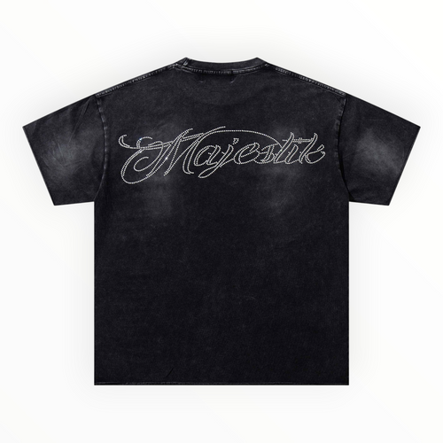 Hype Block vintage-wash black cotton t-shirt with back rhinestone-embellished Majestik logo script