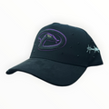 Hype Block black baseball cap with purple snake logo, barbed wire embroidery, and stud details on a car dashboard.