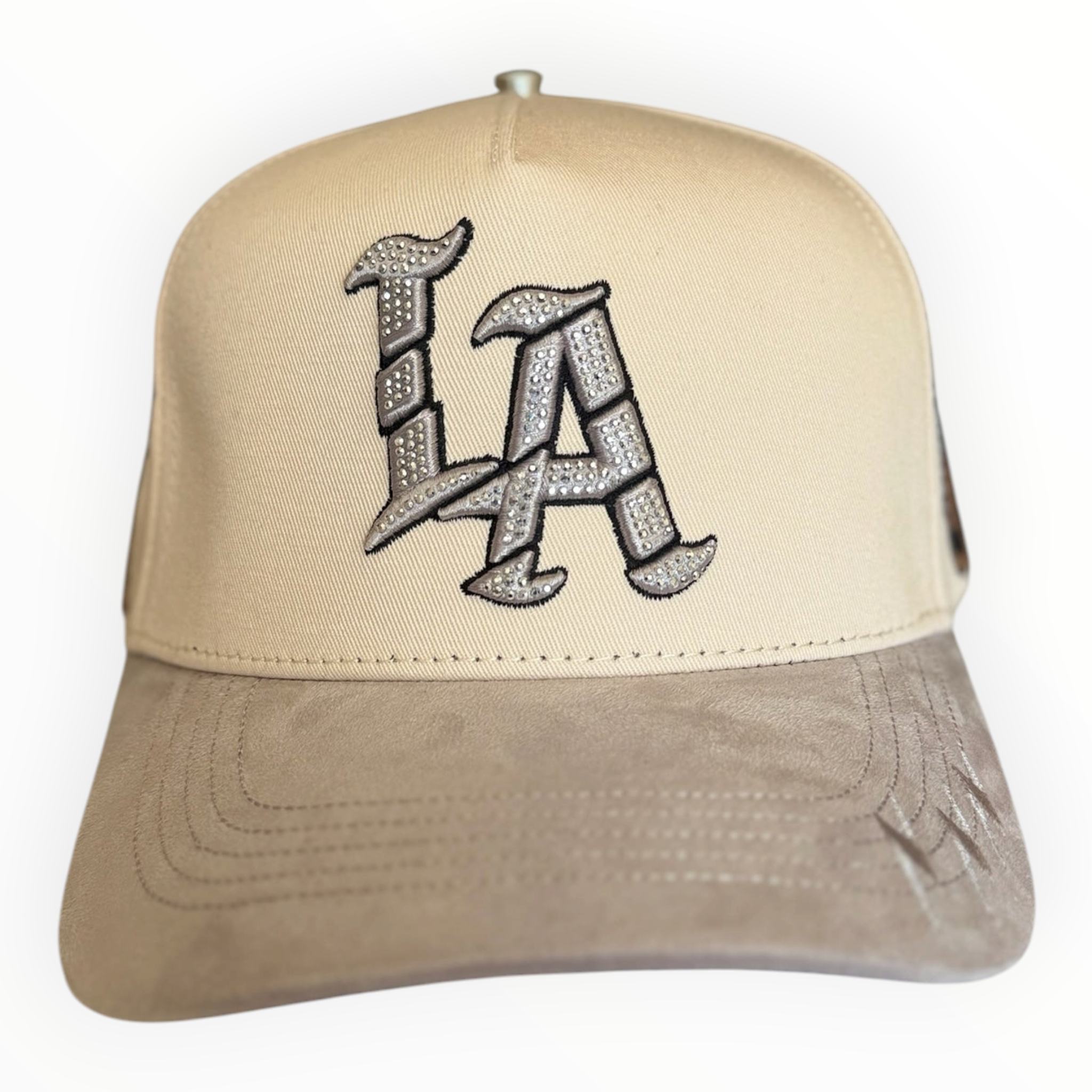 Hype Block cream and taupe snapback cap featuring an LA logo embellished with sparkling rhinestones on the front