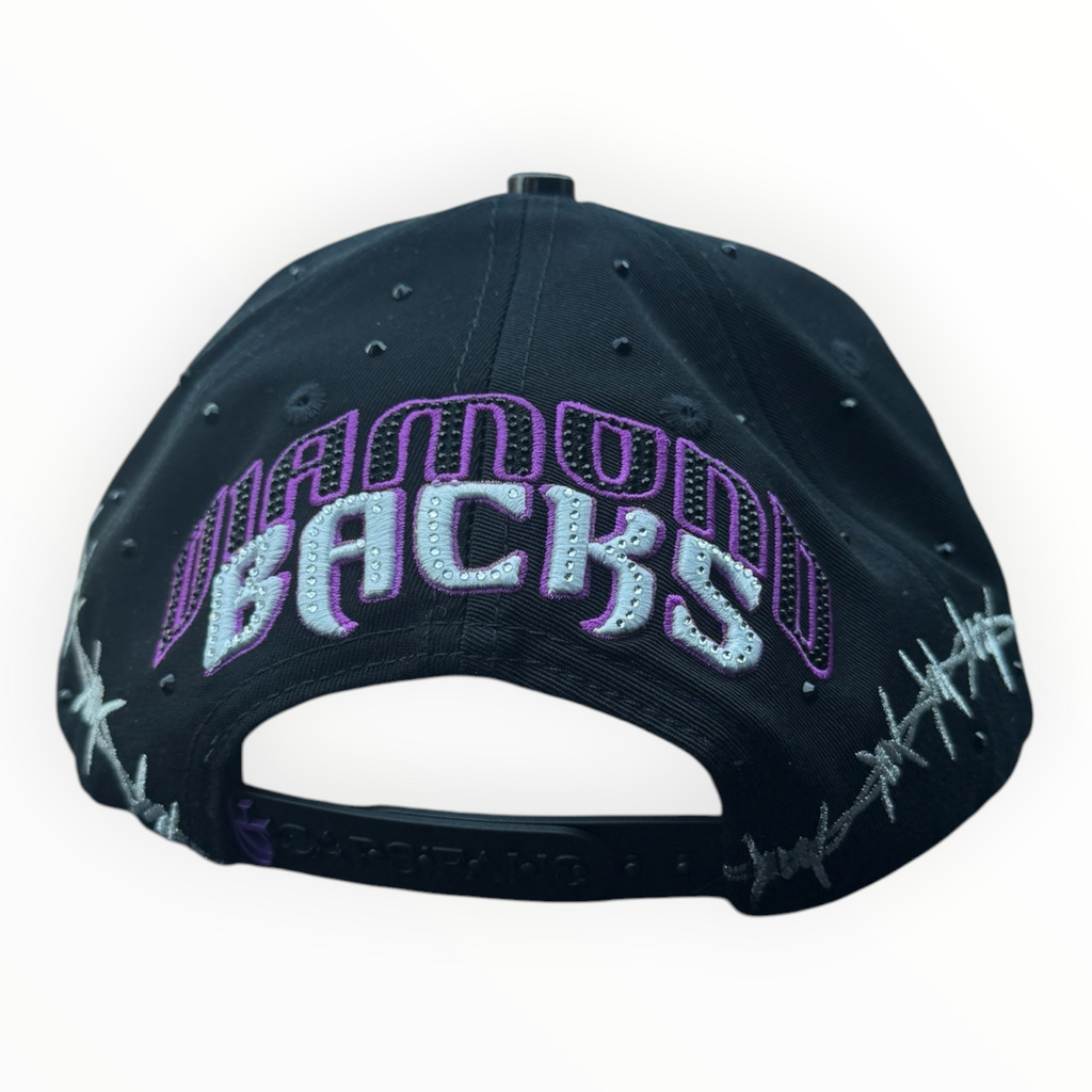 Hype Block black baseball cap with purple and white Diamond Backs embroidery and barbed wire detailing on the back.