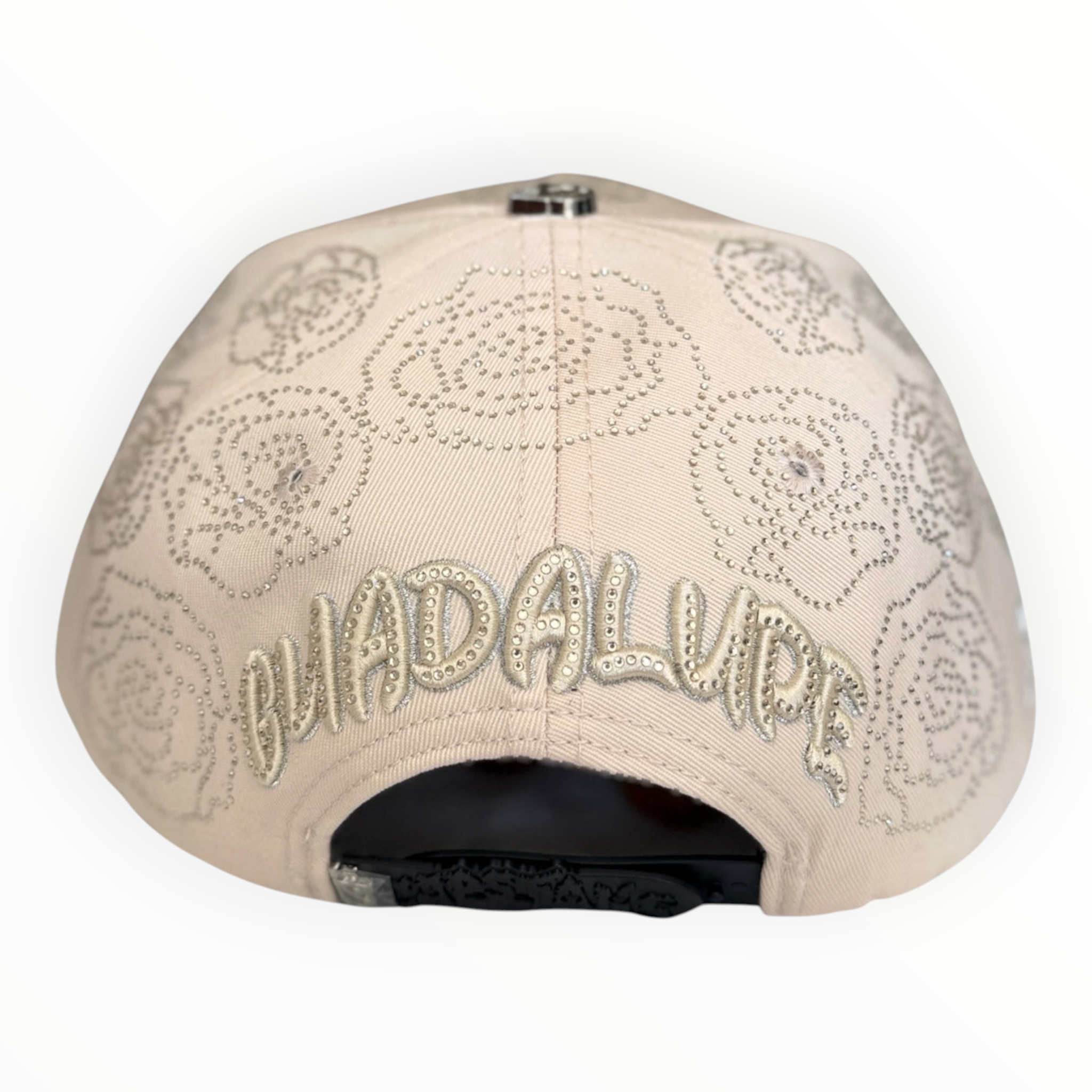 Hype Block beige baseball cap with rhinestone rose patterns and GUADALUPE embroidery on the back snapback closure.