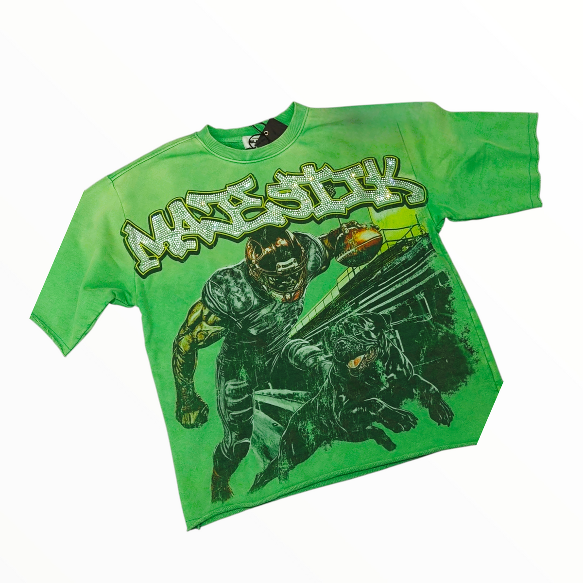 Hype Block lime green cotton t-shirt featuring a football graphic and Majestik rhinestone lettering