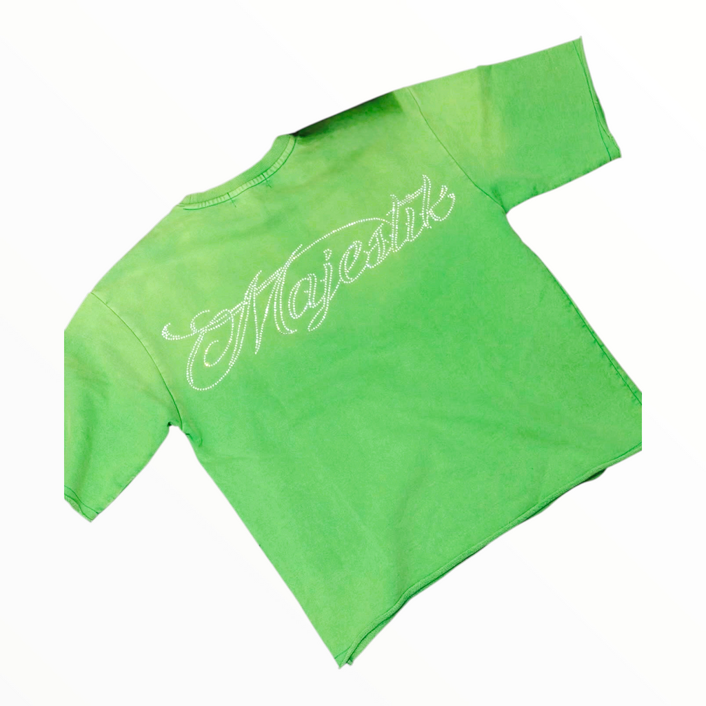 Hype Block lime green cotton t-shirt featuring Majestik script in sparkling rhinestones on the back