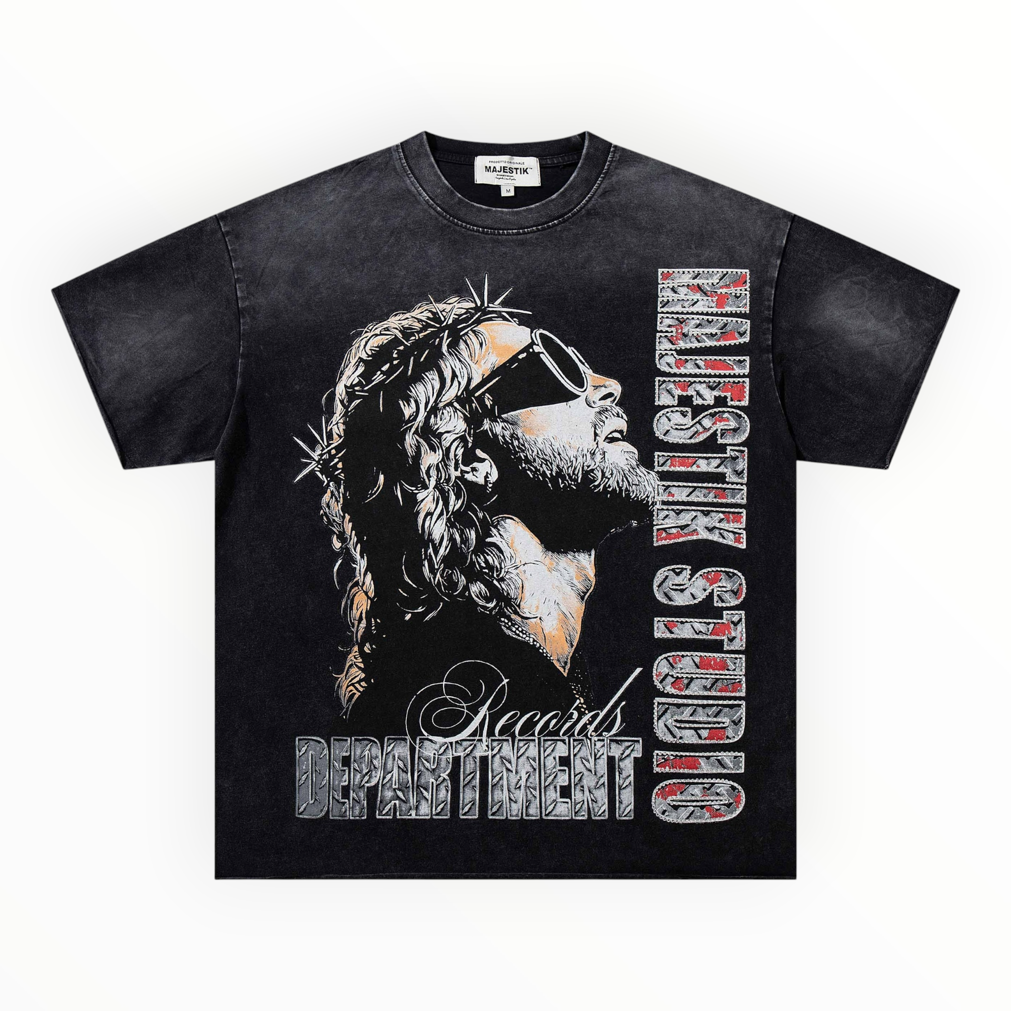 Hype Block MAJESTIK black acid-wash cotton t-shirt with graphic print of a man in sunglasses and stylized text.