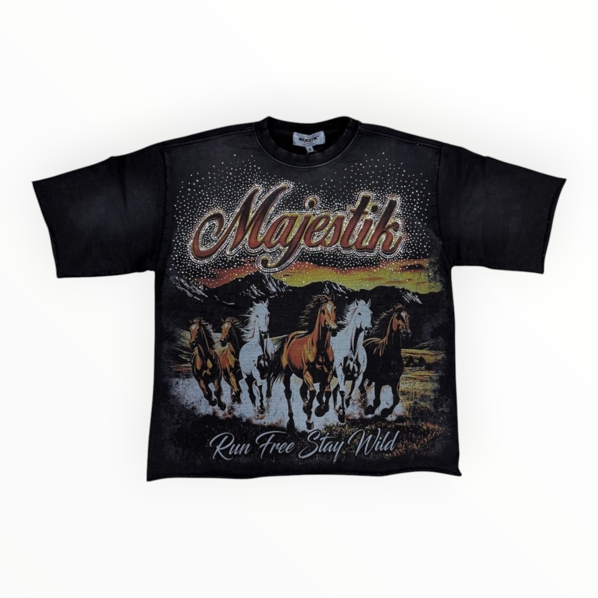 Hype Block black oversized cotton t-shirt with Majestik western horse graphic, rhinestone accents, and raw-edge hem.