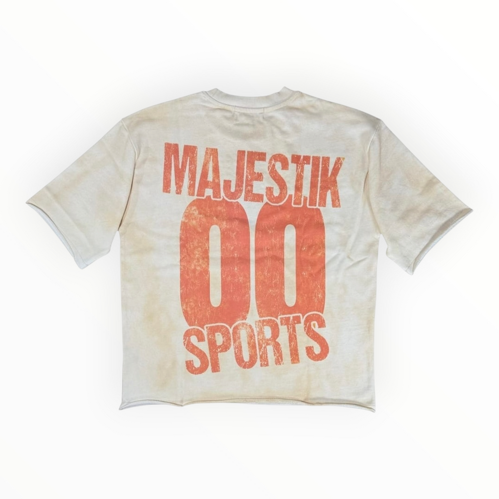 Hype Block MAJESTIK SPORTS off-white cotton t-shirt featuring a distressed orange graphic on the back