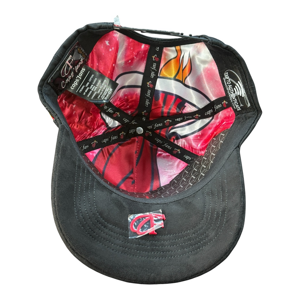 Hype Block Miami Heat snapback cap interior featuring a red and white satin lining with team branding and logos.