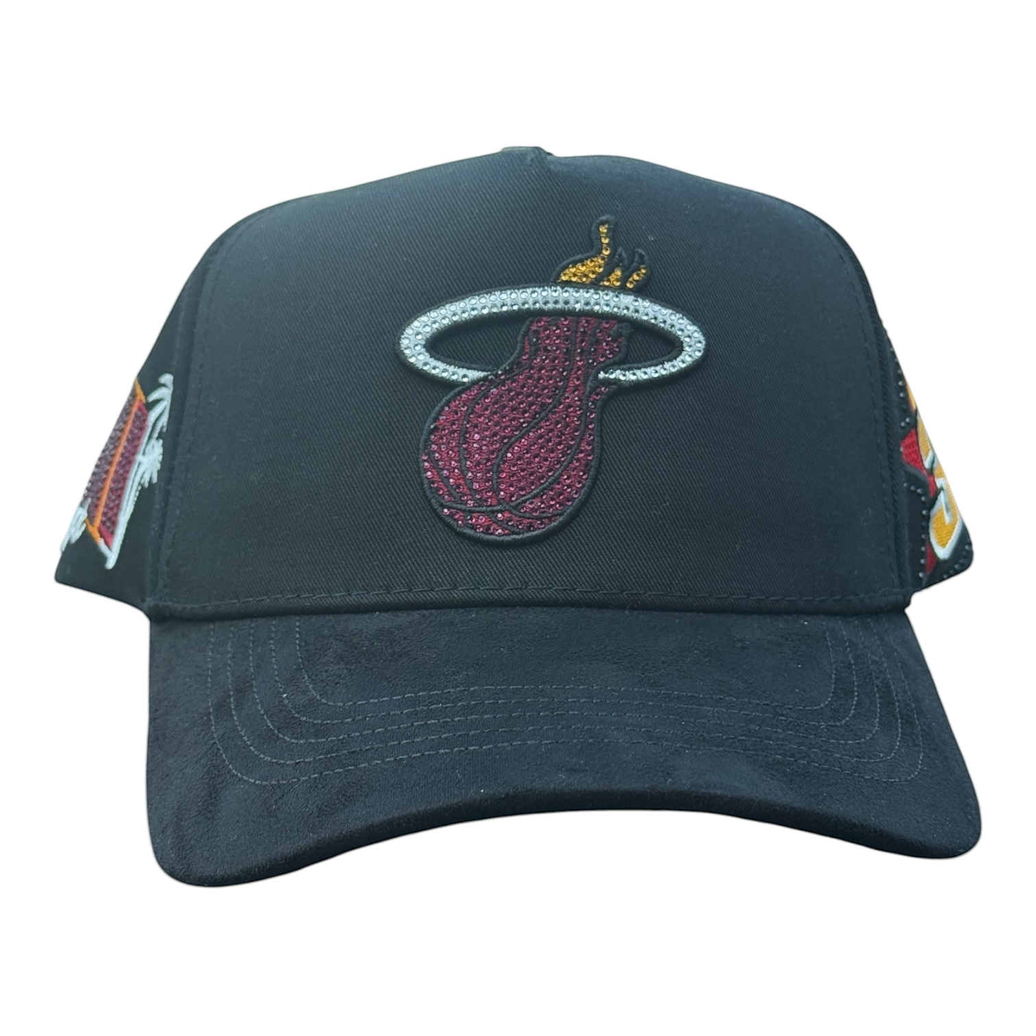 Hype Block Miami Heat black suede snapback cap with a crystal-embellished team logo and detailed side embroidery.