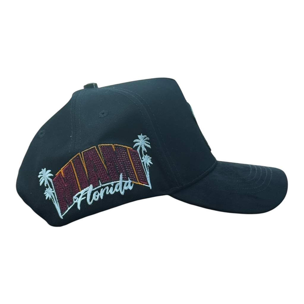 Hype Block black suede snapback cap featuring Miami Florida embroidery with palm tree motifs on the side panel