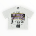 Hype Block white heavyweight cotton t-shirt with rhinestone-embellished MIXED EMOTION graphic and collage print.