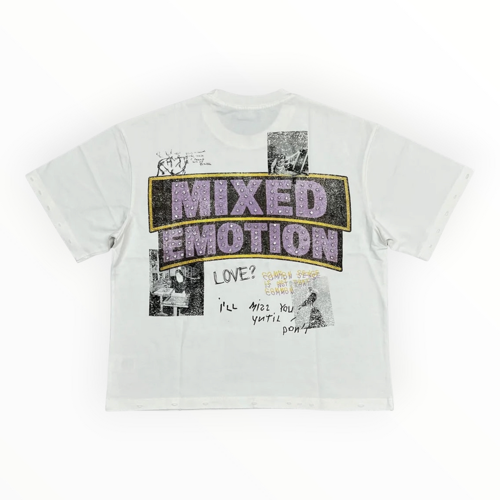 Hype Block white heavyweight cotton t-shirt featuring Mixed Emotion rhinestone graphic print on the back