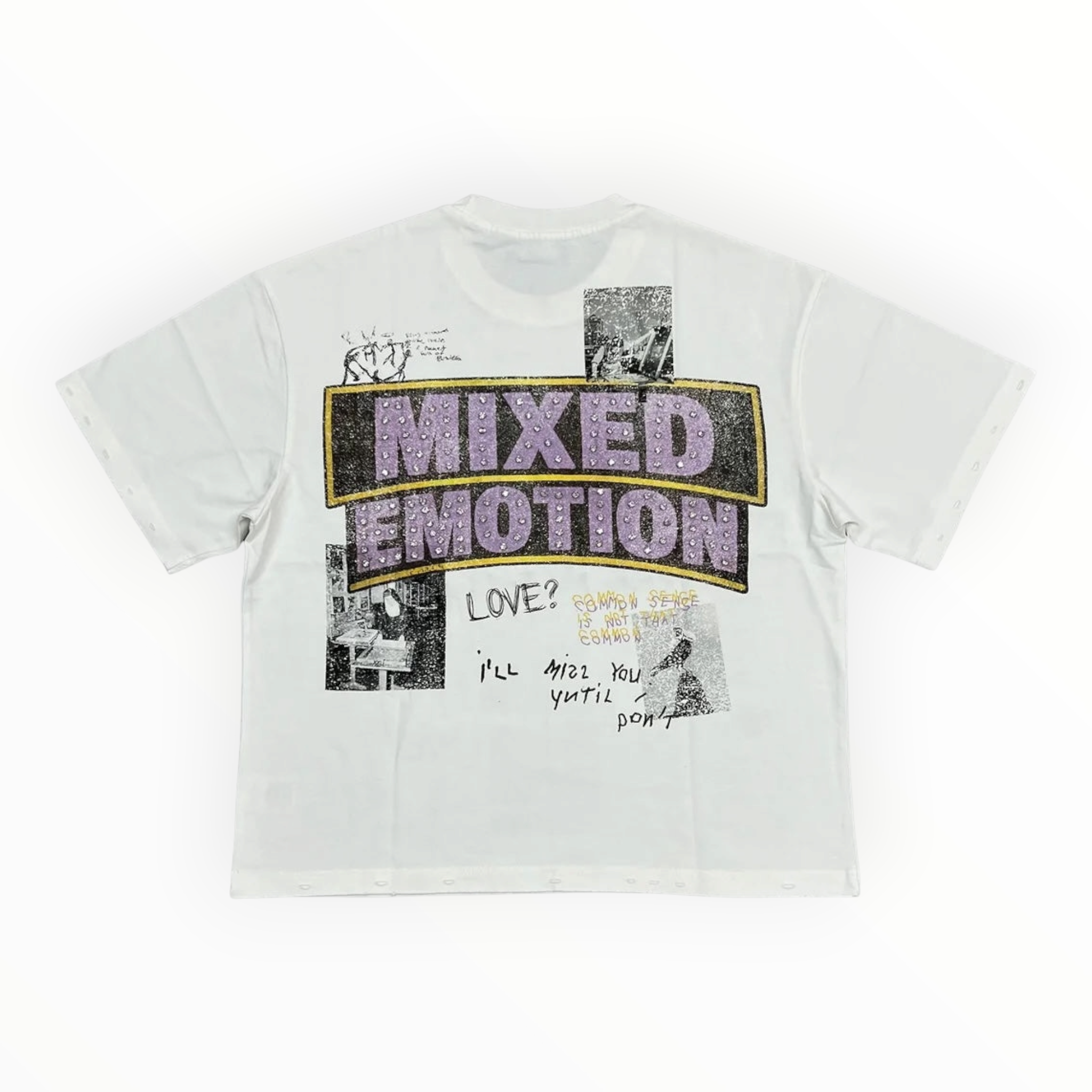 Hype Block white heavyweight cotton t-shirt featuring Mixed Emotion rhinestone graphic print on the back