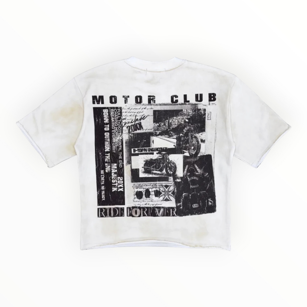 Hype Block off-white graphic t-shirt with distressed motorcycle collage print and rhinestone detailing on back