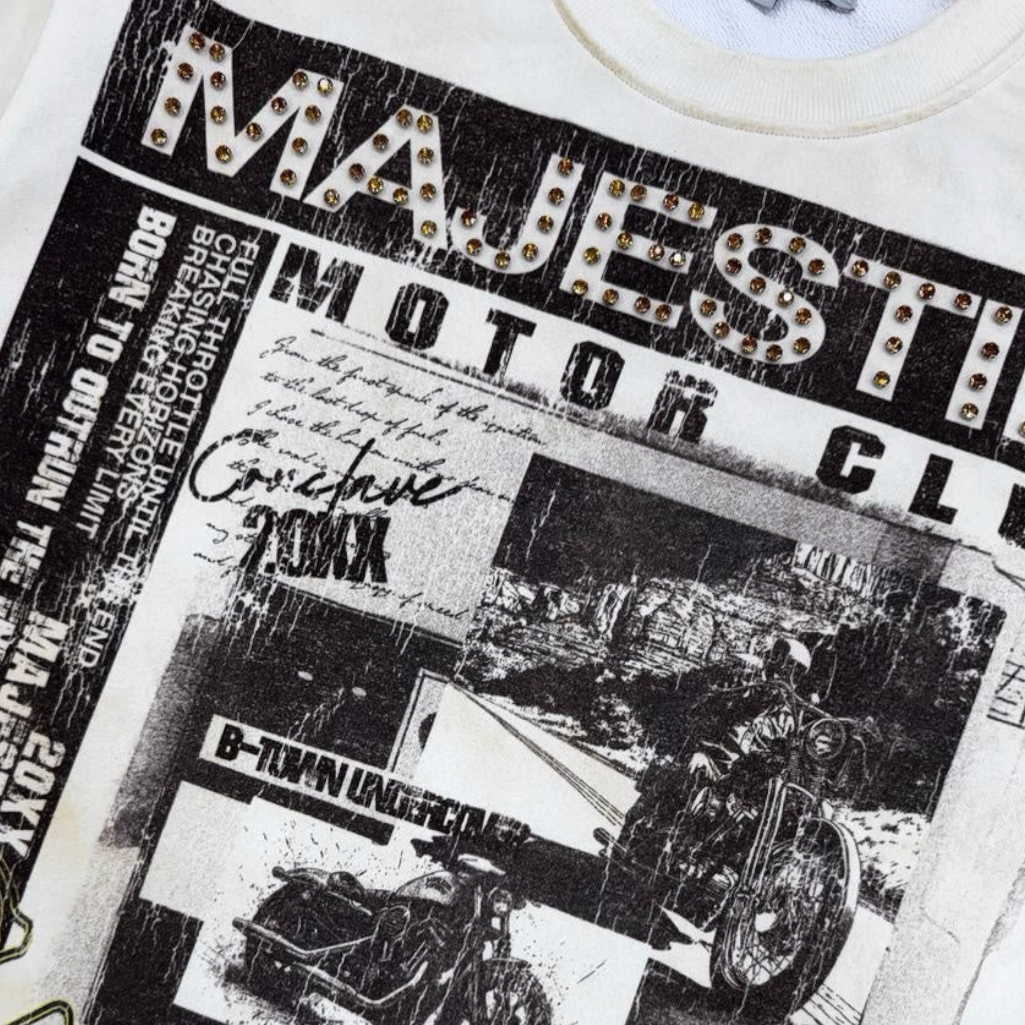 Hype Block off-white graphic t-shirt featuring a distressed motorcycle collage print and rhinestone detailing.
