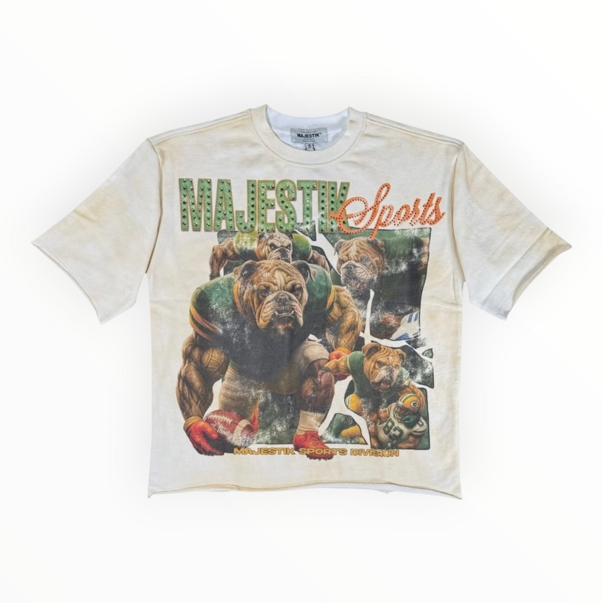 Hype Block off-white cotton graphic t-shirt featuring vintage bulldog football players and bold retro lettering.