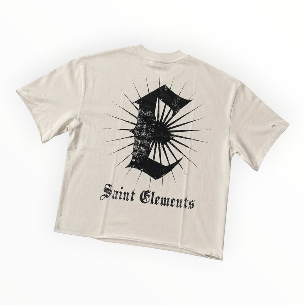 Hype Block off-white heavyweight cotton t-shirt featuring a large black distressed gothic E logo on the back