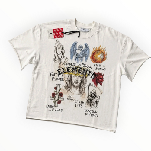 Hype Block off-white heavyweight cotton t-shirt featuring gothic graphic prints, raw-edge sleeves, and a boxy fit.