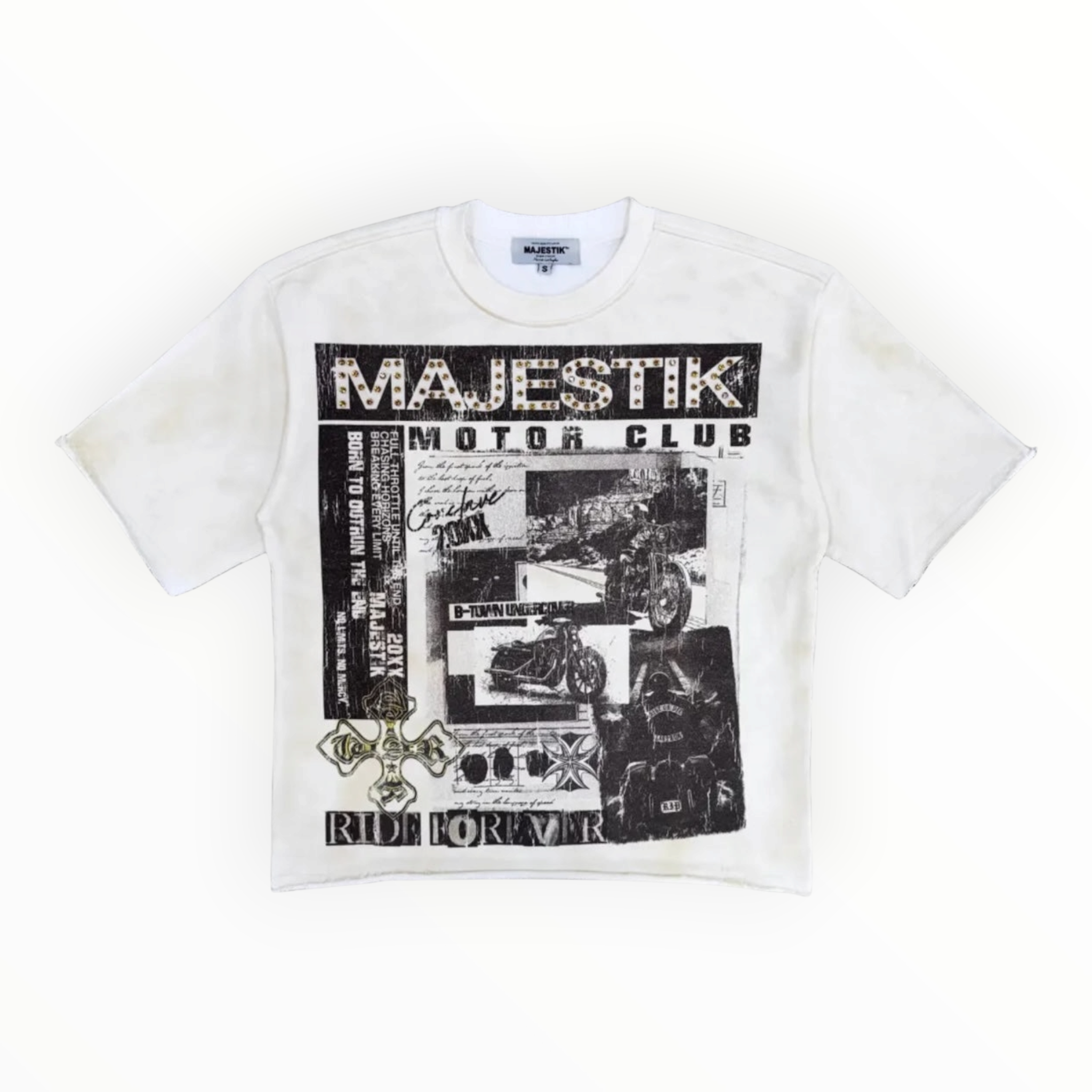 Hype Block off-white graphic t-shirt with distressed motorcycle collage print and rhinestone Majestik lettering.
