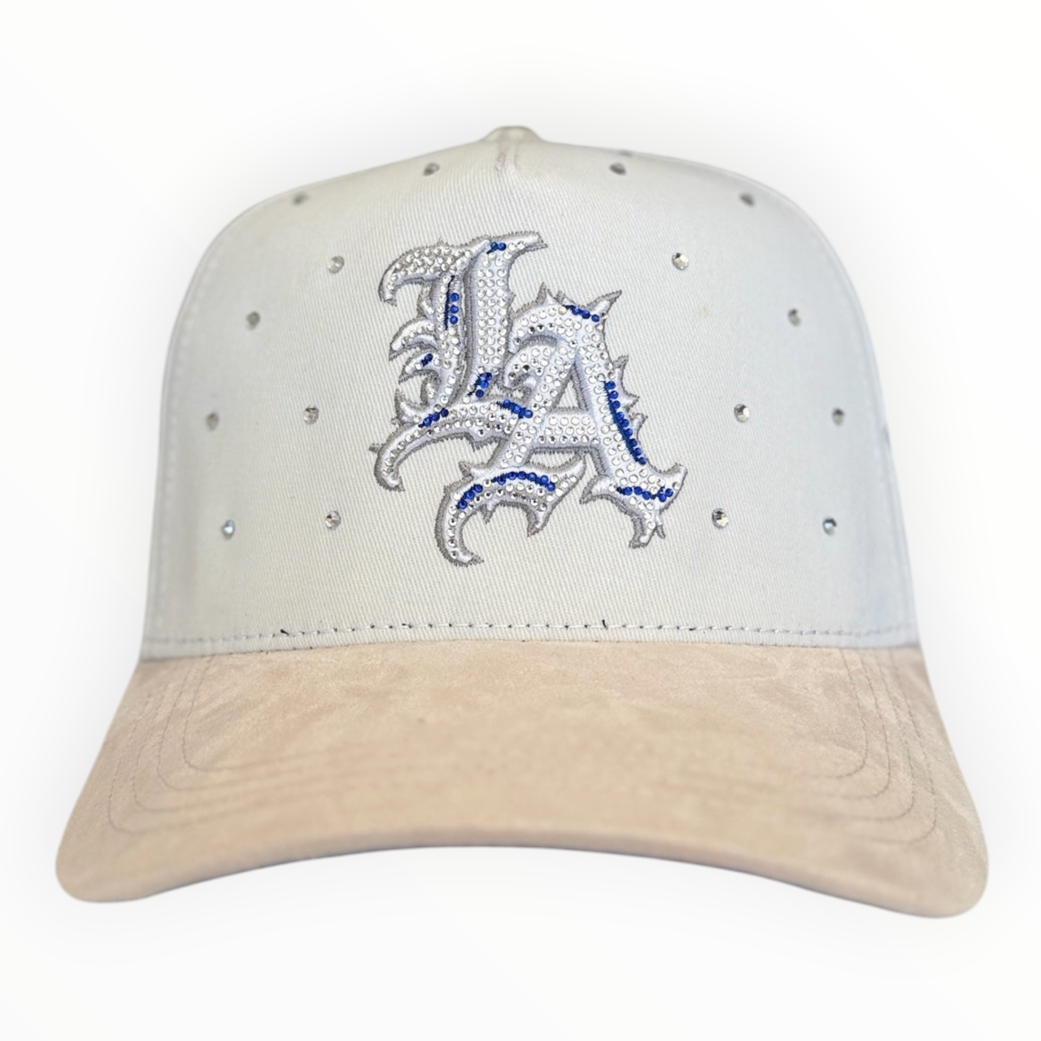 Hype Block white snapback cap with rhinestone LA logo and beige suede brim, front view