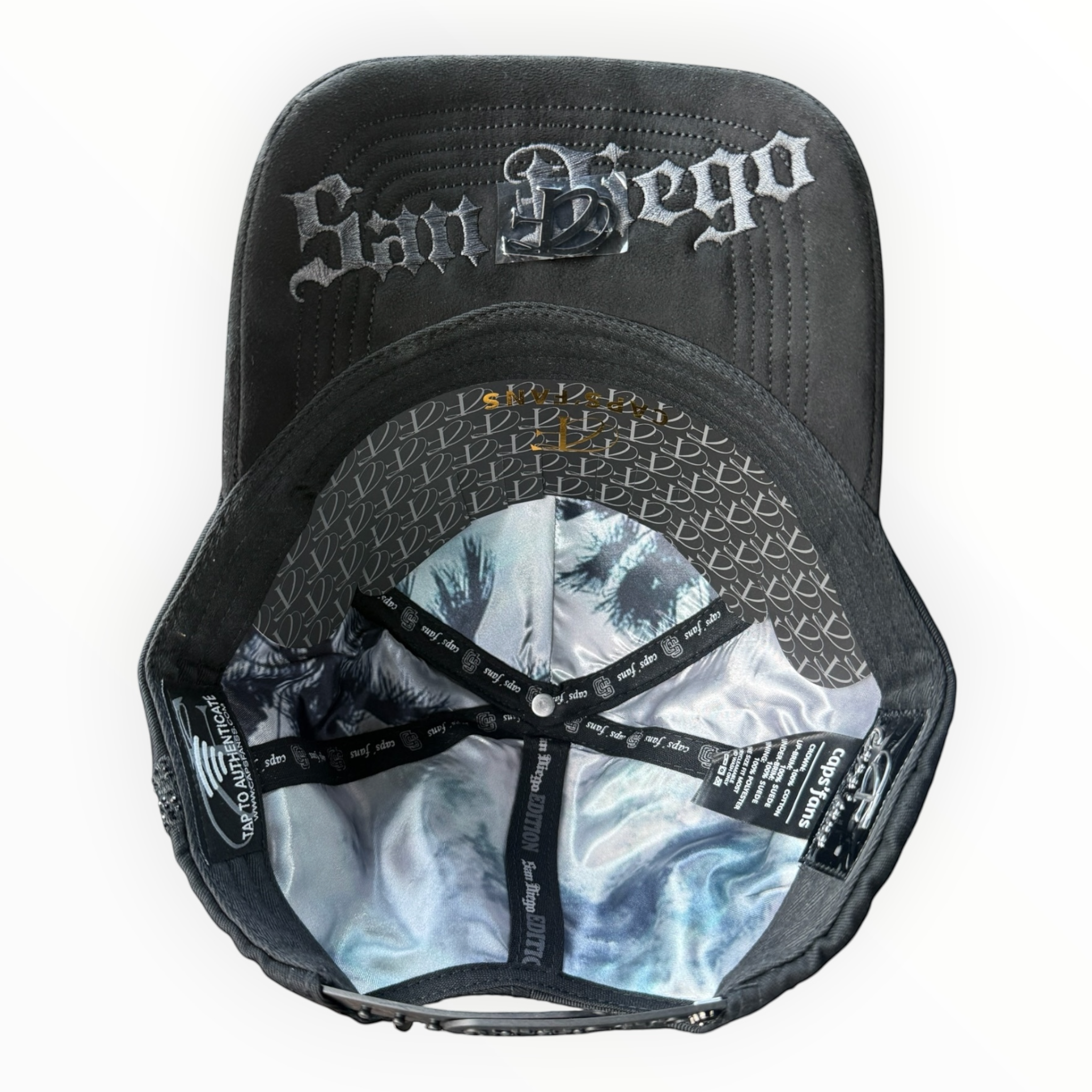 Hype Block San Diego Padres black snapback cap featuring rhinestone logo, palm tree satin lining, and snapback closure.