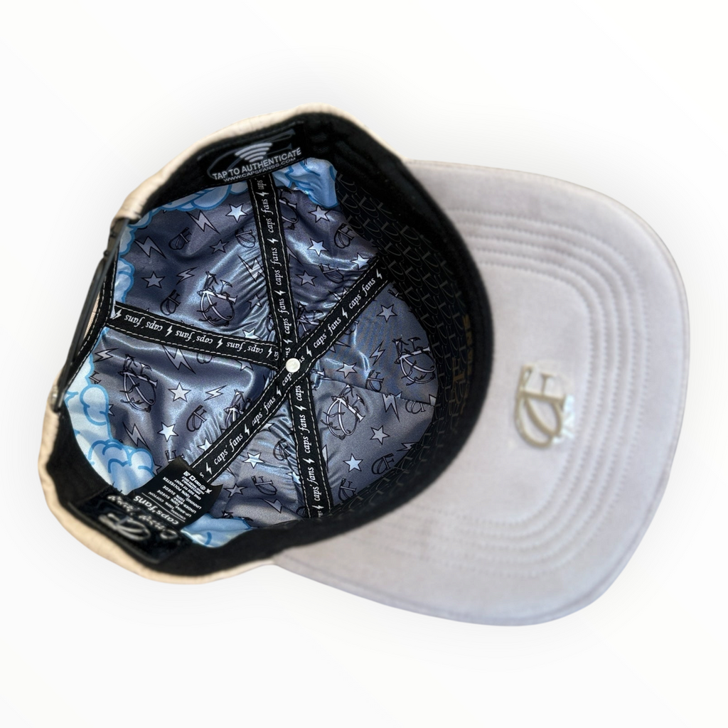 Hype Block snapback cap interior featuring custom blue satin lining with star and lightning bolt print