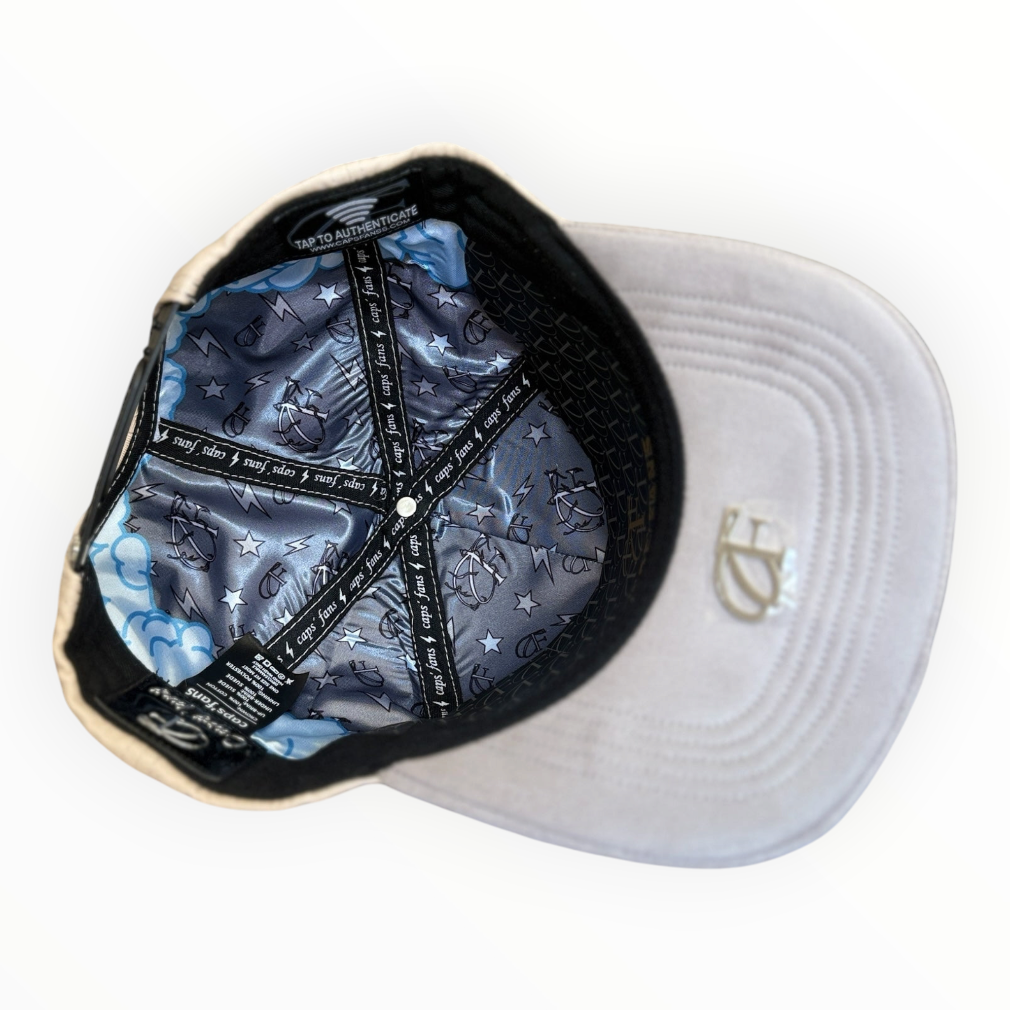 Hype Block snapback cap interior featuring custom blue satin lining with star and lightning bolt print