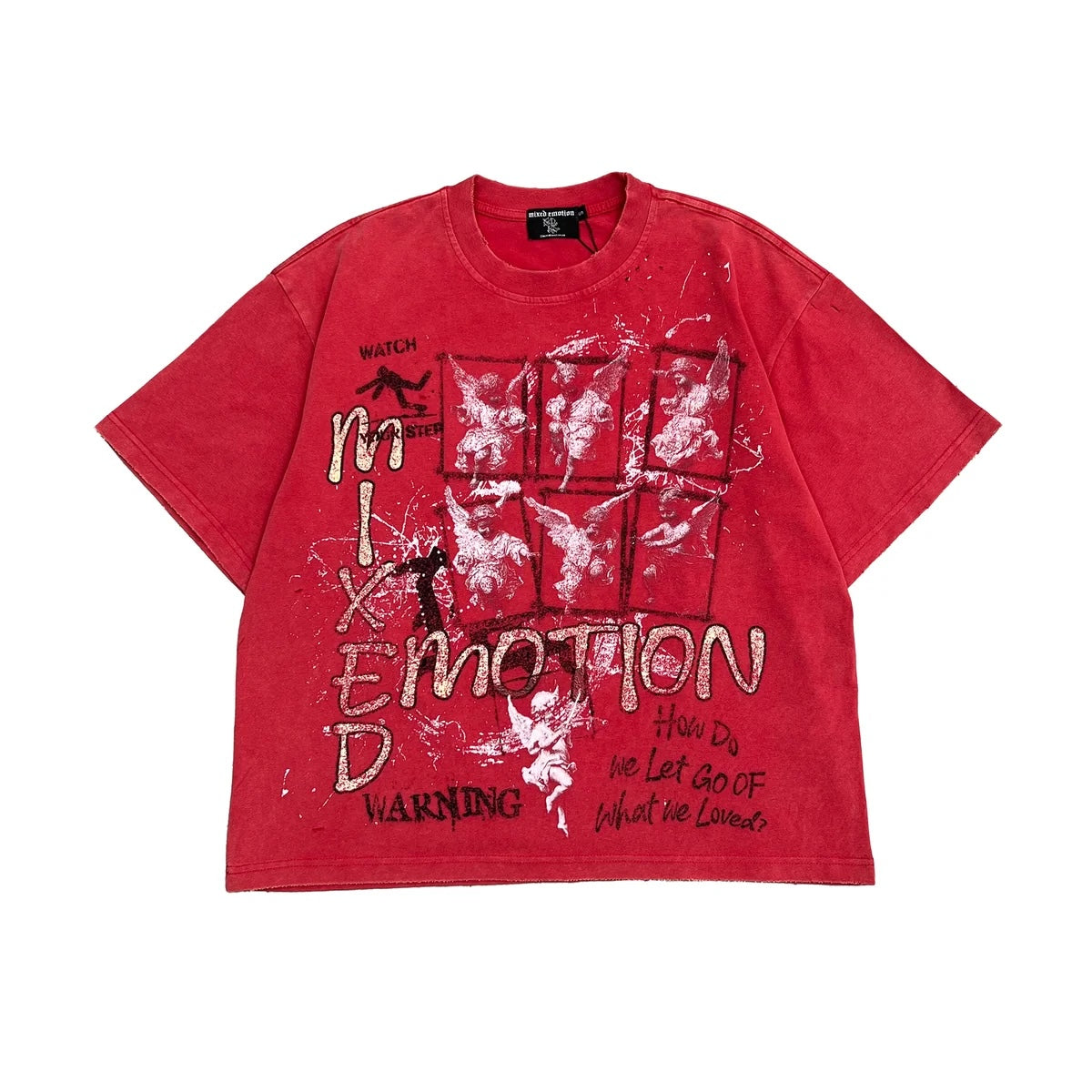 Hype Block washed red heavyweight cotton t-shirt with distressed graphic print, angel motifs, and paint splatter.