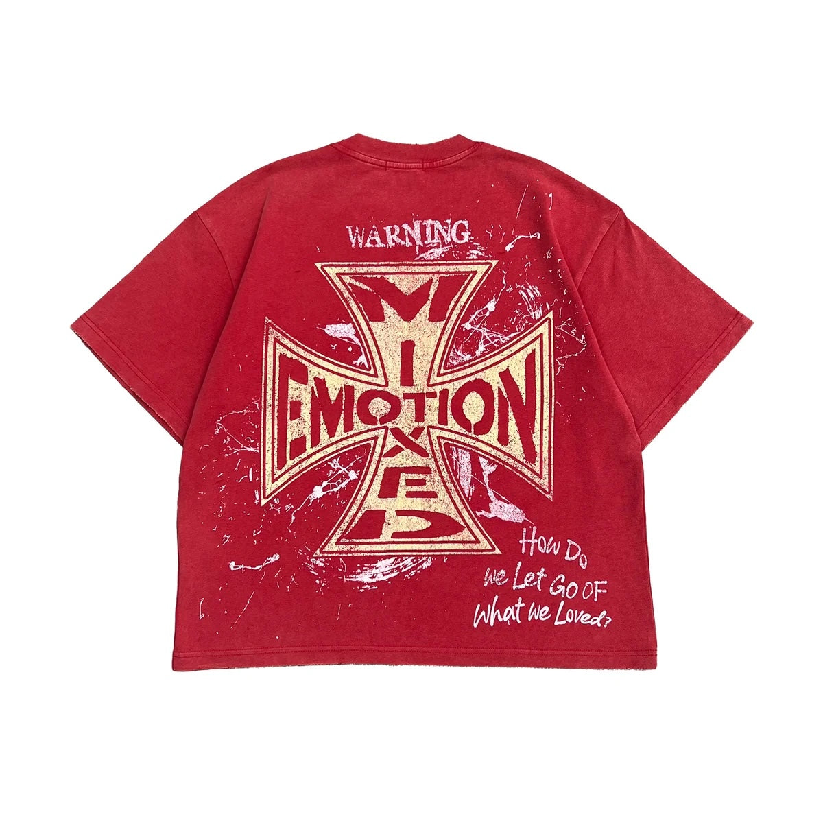 Hype Block washed red oversized cotton t-shirt featuring a large back cross graphic with distressed typography