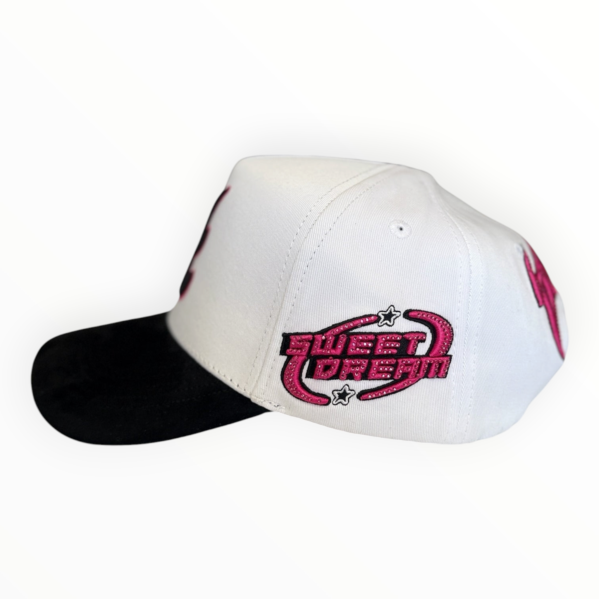 Hype Block white baseball cap with black brim and pink glittery Sweet Dreams embroidery on the side