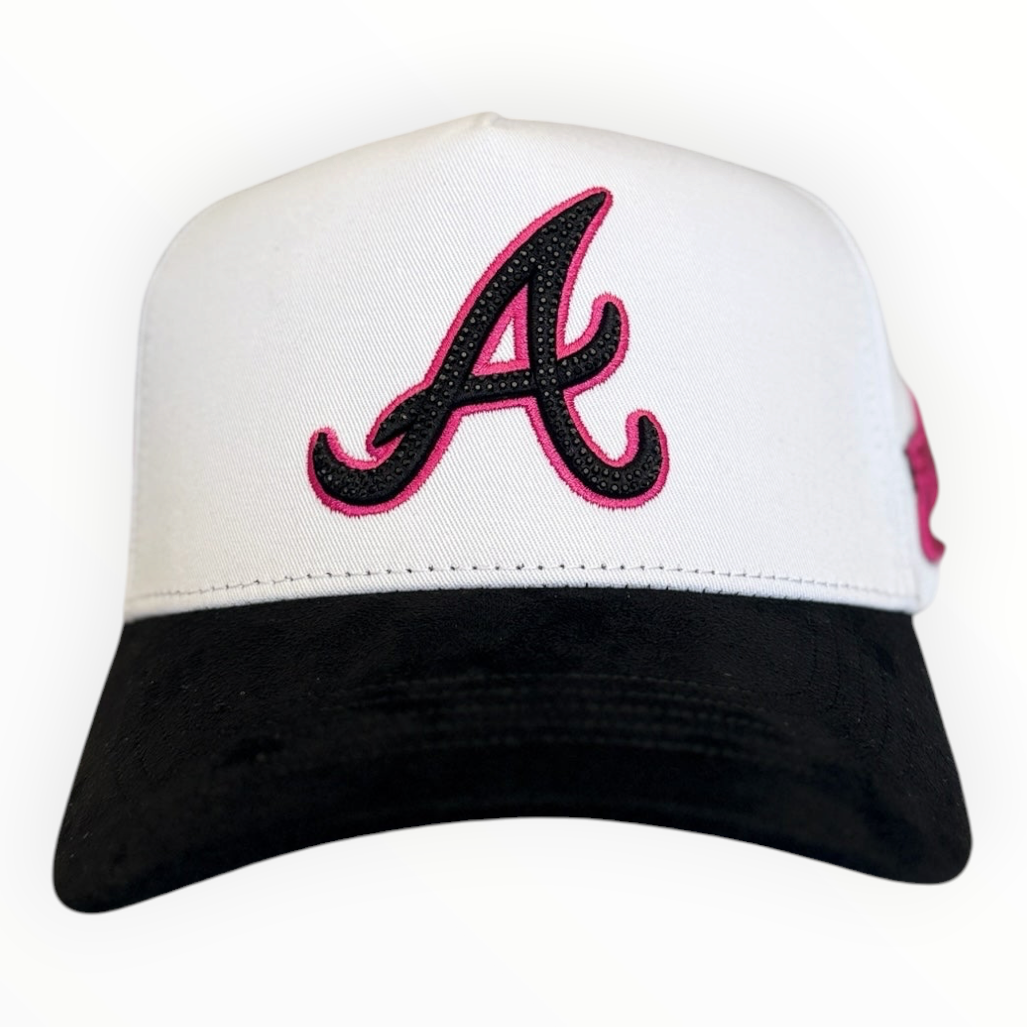 Hype Block baseball cap with a white crown, black brim, and a prominent pink and black glittery A logo on the front.