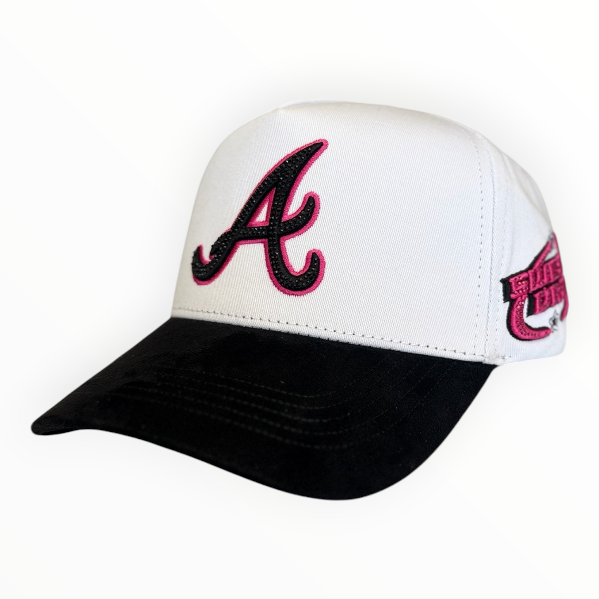 Hype Block baseball cap with a white crown, black brim, and pink glittery A logo with side embroidery.